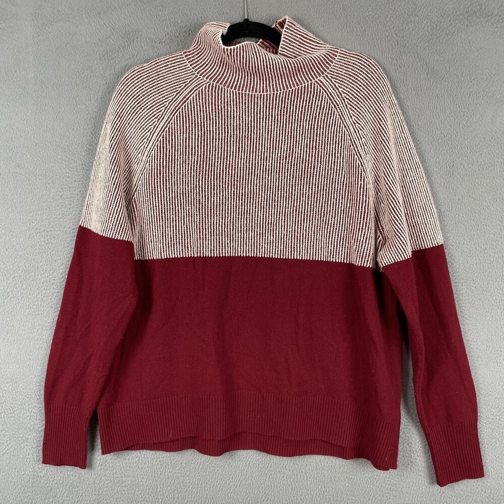 SUMMERSALT Sweater Pullover Womens L Red Mock Neck Striped Wool Cashmere